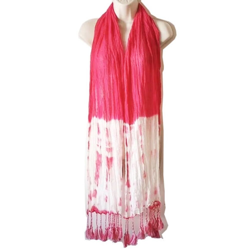 Organic Cotton Crinkle Fringed Scarf 75" Barbie Pink White (84" With Fringe)